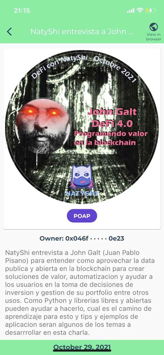fiorescan's tweet photo. Muy buena la charla de hoy de @NatyShi_ y @JohnGalt_is_www! Recomendada tu cripto estudio del finde (quedó grabada en YouTube)

El #Poap en #DefiantWallet se ve cheto, no? https://t.co/9cKK8C2VVW