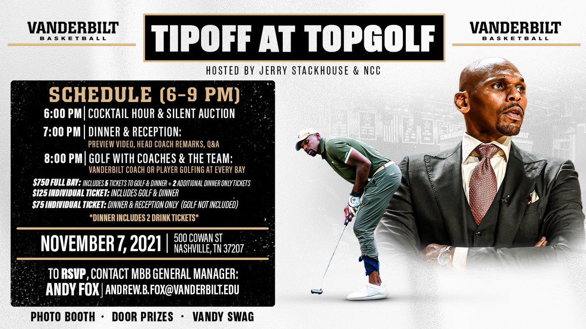 Join the Dores for a unique preseason event at <a href="/TG_Nashville/">Topgolf Nashville</a>. 

Golf, dinner, drinks and time with the team.

#AnchorDown