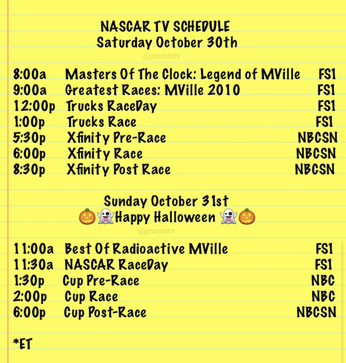 JMorrisTV's tweet photo. 🚨CORRECT TUNE IN: A drama filled weekend @MartinsvilleSwy on tap. All 3 races will set the Championship 4. #NASCAR 📎🚗💨🏁🏆🎃👻🍬🍫 https://t.co/toHeRJeKRR