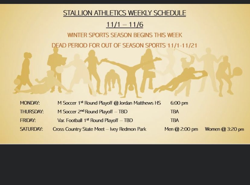 Stallion Weekly Athletics Schedule (11/1-11/6)