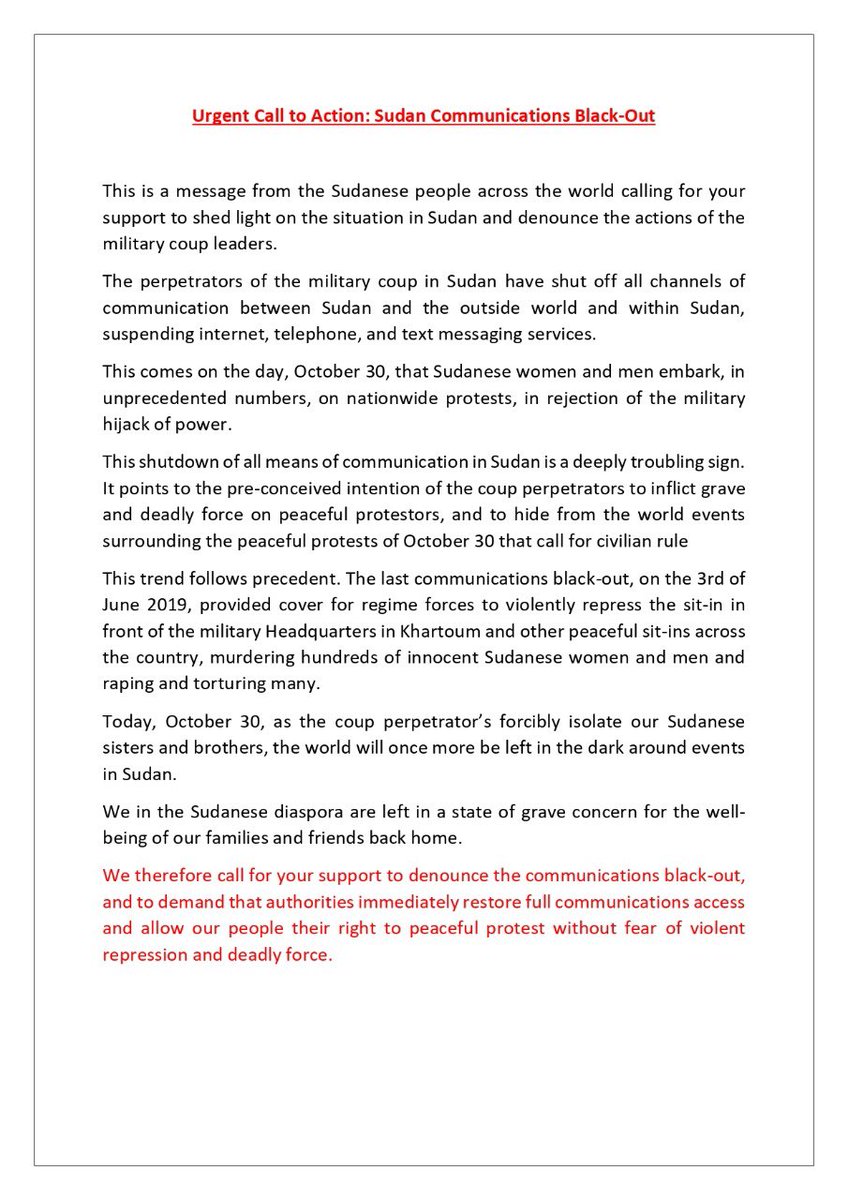 Usiful_ME's tweet photo. Urgent Call to Action: #Sudan Communications Black-Out

@Reuters 
@AFP 
@AP 
@AJEnglish 
@CNN 
@BBCWorld 
@business 
@SkyNews 
@FoxNews 
@insidevoa 
@euronews 
@FRANCE24 
@i24NEWS_EN 
@NHKWORLD_News 

#KeepItOn  
#KeepEyesOnSudan 
#SudanInternetBlackout #SudanCoup 
#Oct30March https://t.co/sLM3W8ZTnj