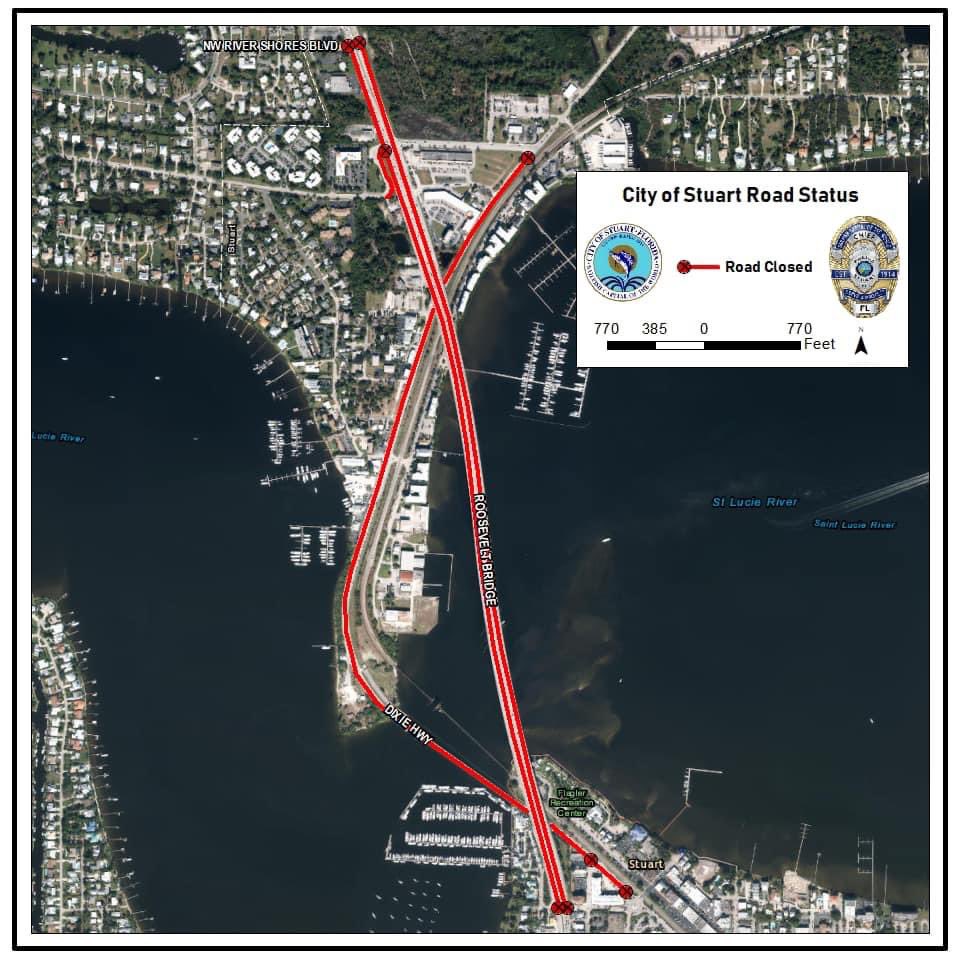 cityofstuart's tweet photo. There has been a report of possible cracking in the Roosevelt Bridge. 

Out of extreme caution, we have closed both north and south spans and Old Dixie Hwy in both directions.

We are waiting for FDOT to respond and examine the bridge and determine if it can be opened. https://t.co/wQjPUnEQuW