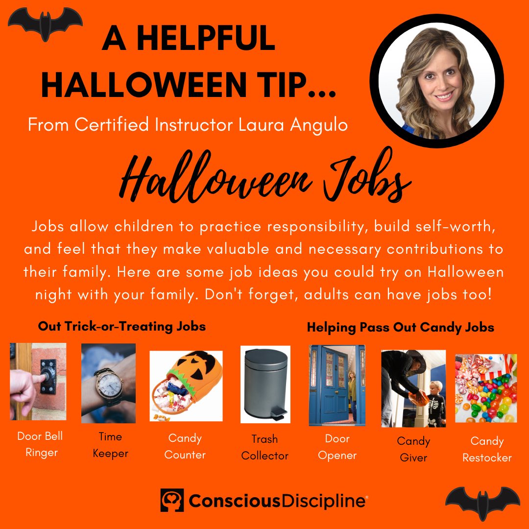 ConsciousD's tweet photo. Today's CD Halloween tip is from Certified Instructor Laura Angulo of Colombia with advice on incorporating jobs into your Halloween night plans. 🎃 What other jobs could you think of to add to our list? Share below!#iHeartCD #halloween #familyjobs https://t.co/oVo0YtATz0