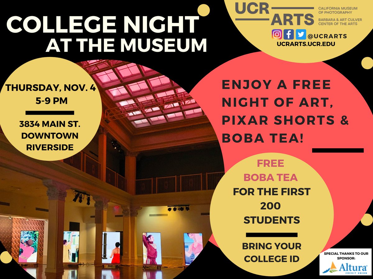 Calling all college students! Join us this Thursday! Enjoy a fun night of FREE art, Pixar Shorts, and boba tea at our first College Night! The first 200 students get a FREE BOBA TEA! --- FREE shuttles for UCR students w/ current ID. Info at bit.ly/3EtbVhA