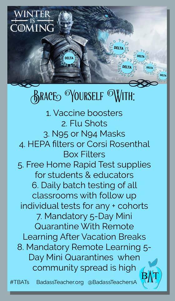 #WinterIsComing Disease is still out there ready to pounce. So we need a multi-layer approach to keep ourselves &amp; others safe. Especially in schools until all ages of children can be vaccinated. #TBATs <a href="/NVBats/">NVBATs</a> <a href="/TxBats/">Texas Bats</a>