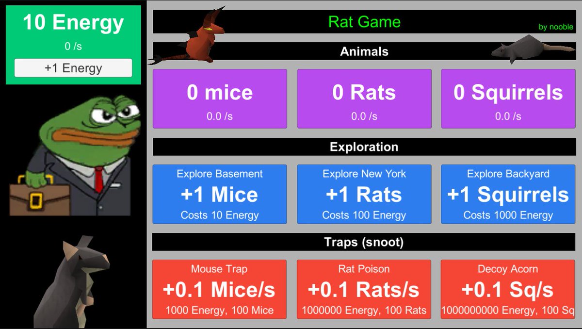 NoobletStreams's tweet photo. I spent the last 18 hours straight making an idle game from nothing cuz I was bored. Actually having so much fun. #RatGame https://t.co/3dkbQGOSKM
