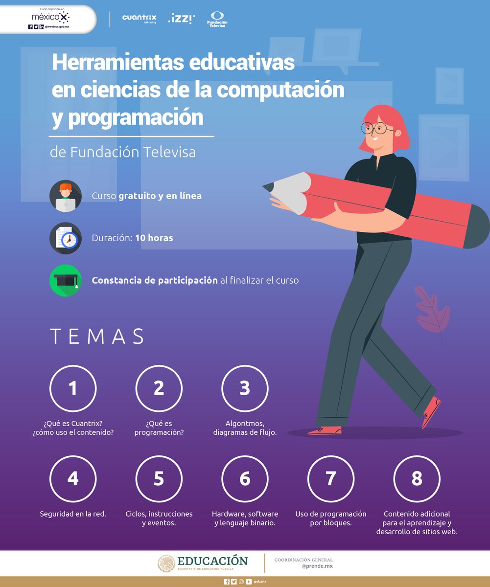 CursosAprendeMX's tweet photo. #Docente, ¿sabes qué es la #HoraDelCódigo? 👾
Esta iniciativa busca implementar clases de #programación🤖 una hora al día. ¿Quieres aplicarla en tus #ClasesVirtuales? 🤔
🟣 Regístrate al #CursoEnLínea «#Cuantrix» de @fundtelevisa. 👇
➡️https://t.co/lLI4YMGEpi https://t.co/OXRThxoOzr