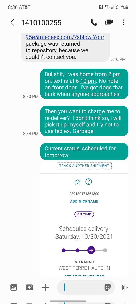 DJack_ICT's tweet photo. @FedEx got a text saying i missed my delivery.  Tracking says its still in Indiana.  I'm in Kansas, its coming from Maryland.  It's not even here according to you.  I tried to reschedule and it wants my CC to pay for re-delivery.  WTF? https://t.co/63Q6pI2nSI