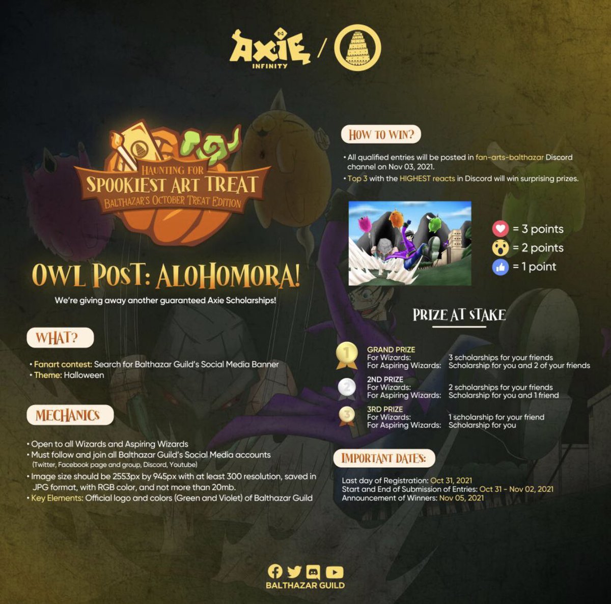 getrealtoken's tweet photo. 🎃 We’re not done yet! We are giving away another guaranteed Axie Scholarships!  Fan Art Contest: Search for Balthazar Guild's Social Media Banner / Facebook Header 

👻 Theme: Halloween

To join, register to this link: https://t.co/2c14pZFFbT

#AxieInfinity
#BalthazarGuild https://t.co/jx1NNiwdAy