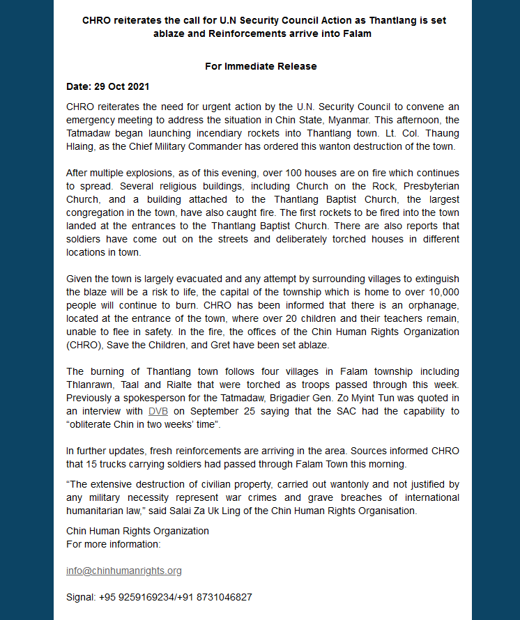 PVamplify's tweet photo. Press release! @ChinHumanRights call for urgent action by the UN Security Council to convene an emergency meeting to address the situation in #Chin State as the #Myanmar military shelling into Thantlang town destroying over 100 houses. https://t.co/yYIor39k6b https://t.co/MTuwr4Dyyv