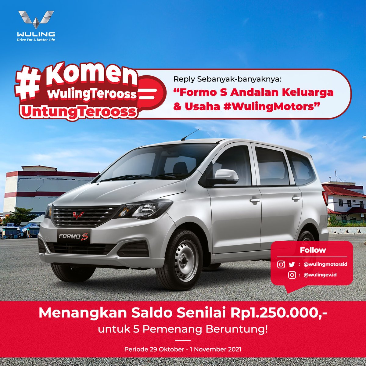 WulingMotorsID's tweet photo. ✨GIVEAWAY LAGI, KUMPUL-KUMPUL!✨

Ada Saldo OVO Total Senilai Rp1.250.000,- untuk 5 pemenang beruntung.

Gampang! Tapi Follow dulu, RT &amp; Like, terus reply "Formo S Andalan Keluarga &amp; Usaha! #WulingMotors" sebanyak-banyaknya~

Giveaway dimulai!! Semoga beruntung! https://t.co/5yamuyEomf