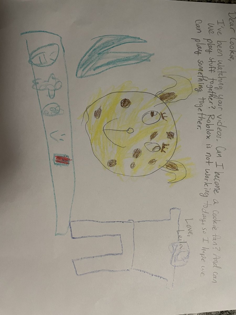 MissDustBunny's tweet photo. My 5 year old had me help her write a letter to @CookieSwirlC tonight. She wants to send it to her! Haha #cookieswirlc https://t.co/3Zg0ugkUm4