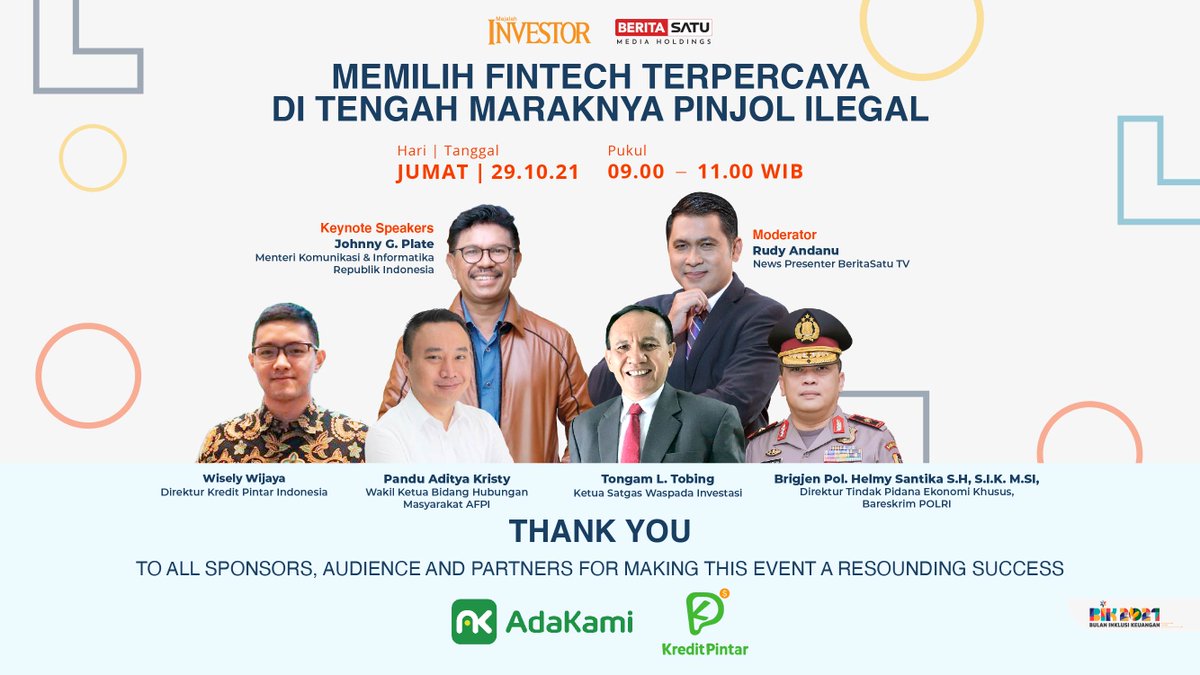 Beritasatu's tweet photo. Terima kasih kepada para Pembicara, PT Pembiayaan Digital Indonesia &amp; PT Kredit Pintar Indonesia, atas partisipasi dan dukungannya dalam webinar "Memilih Fintech yang Terpercaya di Tengah Maraknya Pinjol Ilegal“

#MajalahInvestorEvent
#BeritasatuMediaHolding
#Eventwebinar https://t.co/Cr38oaogg2