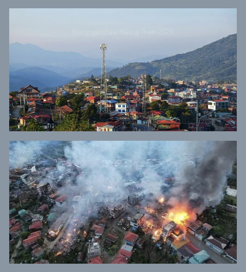 Nyein18541985's tweet photo. Before and After the Coup,
SAC is destroying not only cities but also people’s lives and their homes. For people who live in hilly regions, their houses are all they have. It took years to build up a place where your family calls ‘home’. It’s heartbreaking.
#SaveHtantalan https://t.co/pALrZiUZ8m