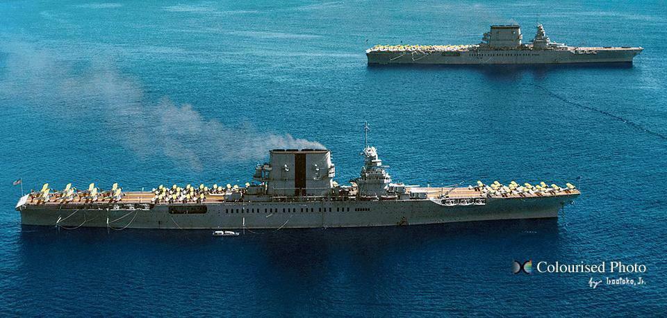 "LadyLex &amp; SisterSara" USS Saratoga (CV-3) and USS Lexington (CV-2) off Diamond Head on 2 February 1933. Colorized by Irootoko jr. (960x458) from /u/qaiankqjpb at #WarshipPorn ➡ bit.ly/3mrvjFg