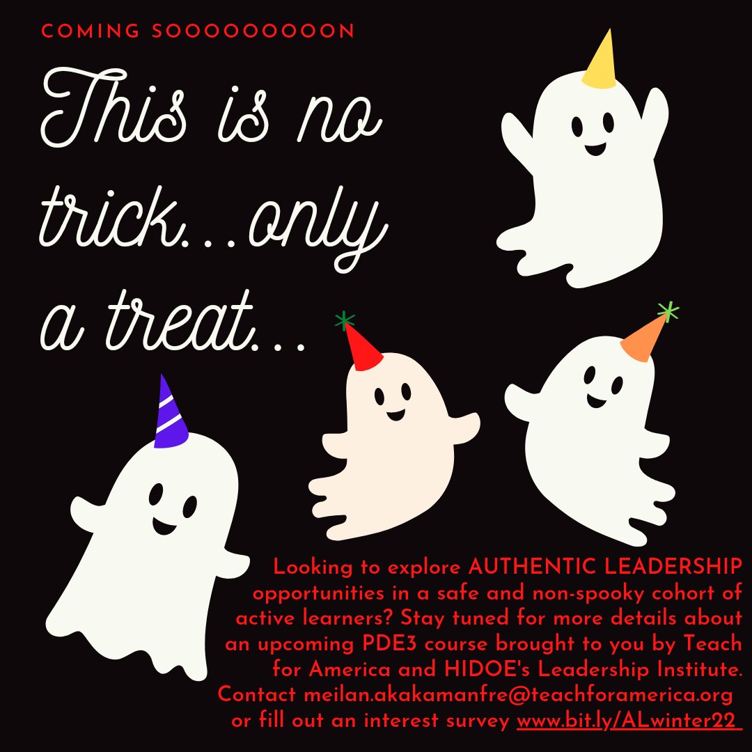 mcdonald_kecia's tweet photo. No tricks! 🎃
Upcoming PDE3 course will explore Authentic Leadership through project management, cohort collaboration, and commitment to equity. More details coming sooooooooon 👻 #808educate https://t.co/Dhx5eDB7XA
