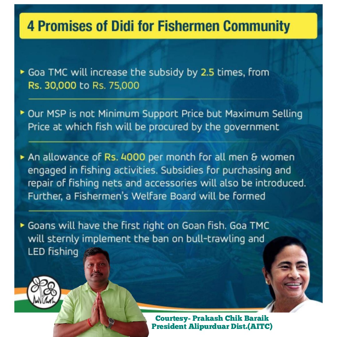 ChikPrakash's tweet photo. The fishermen community in #Goa will not be ignored under 
Didi's promises for the community
#Courtesy_ Prakash Chik Baraik (President Alipurduar Dist. AITC)
@FAM4TMC 
@KBanerjee_AITC 
@AITC4Goa 
@abhishekaitc 
@AITCofficial 
@KanakSa61814494 
@iRajkamalBhagat https://t.co/jlLGaifE6Z