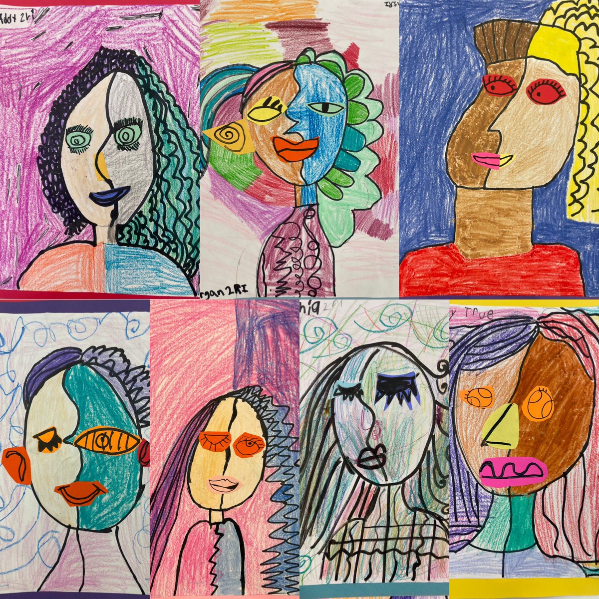 TheresaFontana's tweet photo. Loved hearing these artists chat about how the faces got mixed up! #fabartsfriday #2ndgradeartists #picassoportraits #artlessonsforkids #shapelesson #collagelesson https://t.co/i9LPgj0xS2