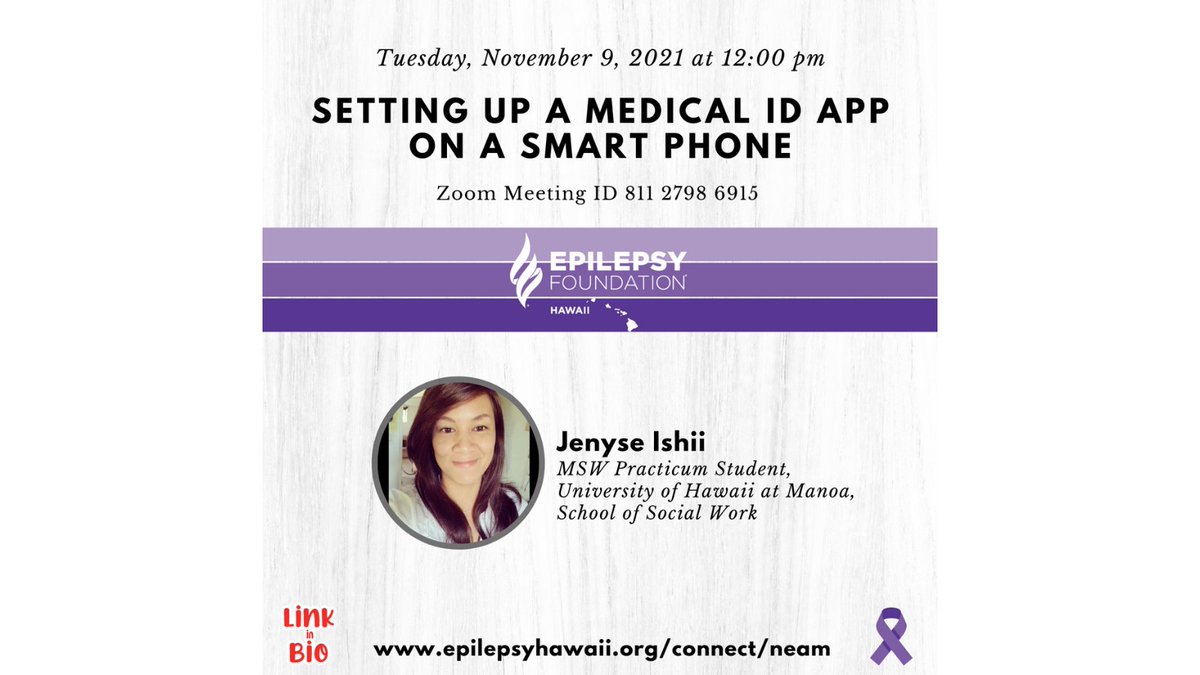 EpilepsyHawaii's tweet photo. Setting Up a Medical ID App on a SmartPhone
Tuesday, 11/9/21 at 12:00 pm Hawaii Time

https://t.co/q0wGKmZHO6 
#EpilepsyHawaii #Epilepsy808 #IAlohaSomeoneLivingWithEpilepsy #EpilepsyEquity #NEAM #NEAM2021 #RemoveTheFilter #EpilepsyAwareness #EpilepsyEducation #KnowSeizureFirstAid https://t.co/FkPZRBL5KK