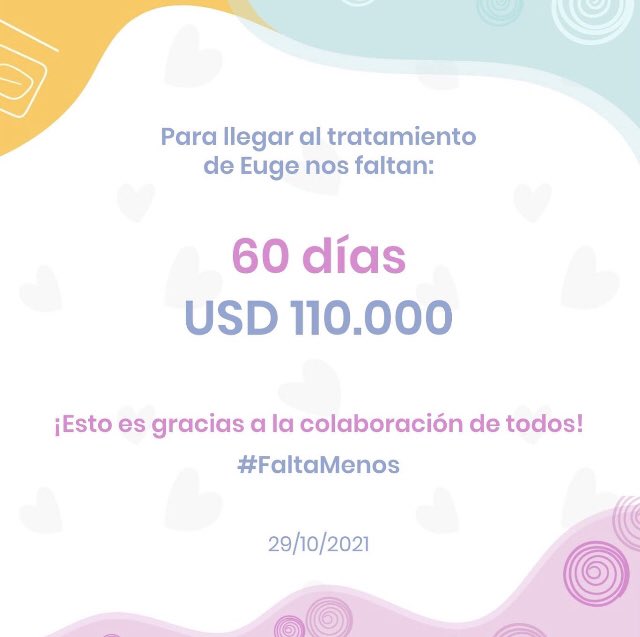 Empezamos la cuenta regresiva! #FaltaMenos

Para llegar al tratamiento de Euge nos faltan 60 días y U$S 110.000

Entre todos lo podemos lograr! Ayúdanos a llegar a la meta 🤍

#EuGENIA
#EugePequeñaGranGenia