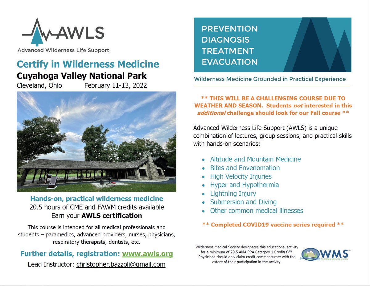 CBazzoliMD's tweet photo. Train for medical emergencies beyond the hospital walls! Hosting Advanced Wilderness Life Support (AWLS) this winter (Feb 11-13, 2022) at the Ledges Shelter in @CVNPNPS.  Register at https://t.co/hUexmDwwUM, contact me with questions.  #winterchallenge #wildmed @MetroHealth_EM https://t.co/0byOJrmscy