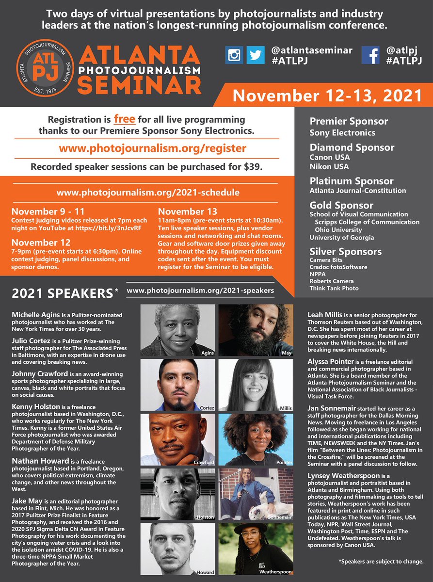 atlantaseminar's tweet photo. Only 2 weeks before the 49th annual Atlanta Photojournalism Seminar! We're so proud of our lineup of speakers this year. Don't wait until the last minute to register. Registration is free— visit https://t.co/fDQecv5MN3 now! https://t.co/hiGErYufzi