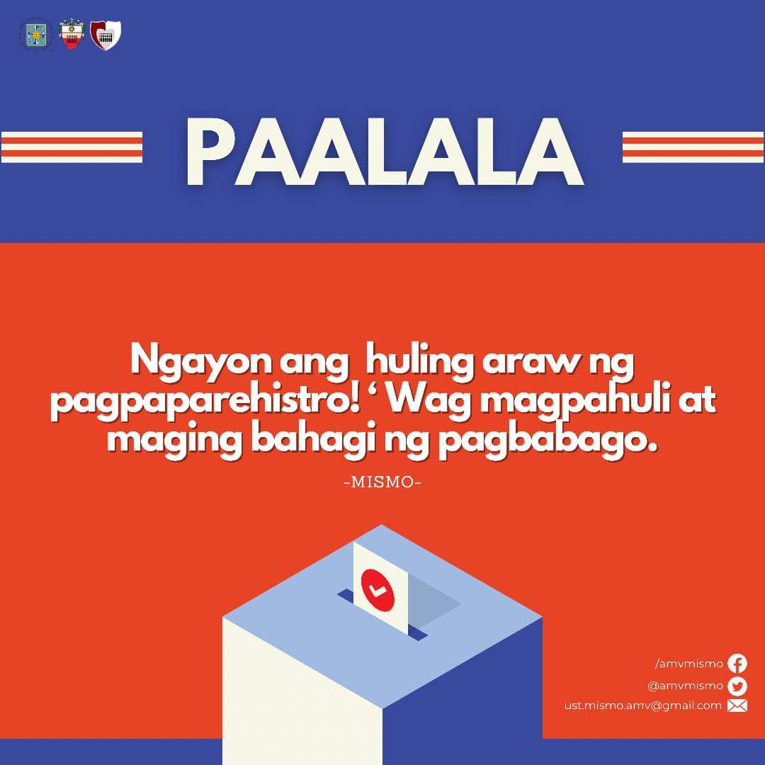 amvmismo's tweet photo. "Ang pagboto ay ang pagpapahayag ng ating pangako sa ating sarili, sa isa't isa, sa bansang ito at sa mundong ito." - Sharon Salzberg

Ngayon ang huling araw ng voter registration.

#MagpaRehistroKa
#eMpoweringAMVitions
#AMVCOMELEC2122 https://t.co/FCBM0HnBft