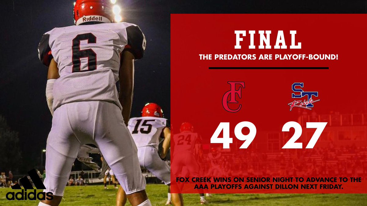 FoxCreek_Sports's tweet photo. STATEMENT WIN!!

@foxcreekfb wins the rivalry game against Strom Thurmond, and advances to the SCHSL AAA State Playoffs! FCHS will play @ Dillon High School on Friday, Nov 5th in 1st round. https://t.co/YJABIQL0DU