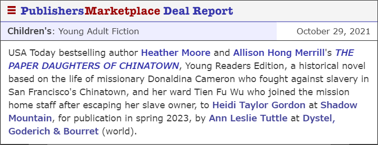 Thrilled to announce my new book deal for the Young Readers edition of #ThePaperDaughtersofChinatown. Co-authoring with me is @Xieshou Many thanks to @AnnLeslieTuttle and @ShadowMountn 💙