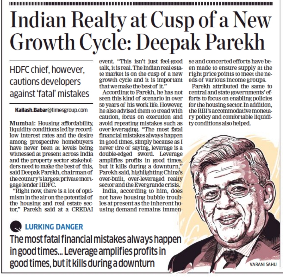 #RealEstate sector heading into best of times, focus on execution, #HDFC Chairman Deepak Parekh tells #realty developers; also cautions n asks not to repeat mistakes like overleveraging.
economictimes.indiatimes.com/industry/servi… <a href="/EconomicTimes/">Economic Times</a> <a href="/ETMarkets/">ETMarkets</a> <a href="/ETFinance/">ET Finance</a> <a href="/HomeLoansByHDFC/">HDFC Ltd.</a> #housing #debt