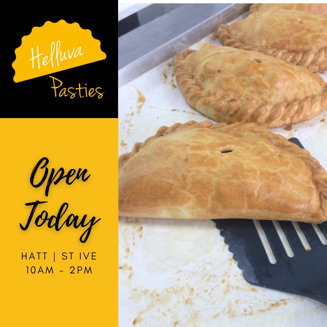 HelluvaPasties's tweet photo. It's the last day of our outlets opening today.

Head to Hatt or St Ive and get your cooked Helluva pasties and more from 10am until 2pm. 

Get there early to avoid missing out.

Thanks again for your support ❤️ https://t.co/NHUvQ3NW2A