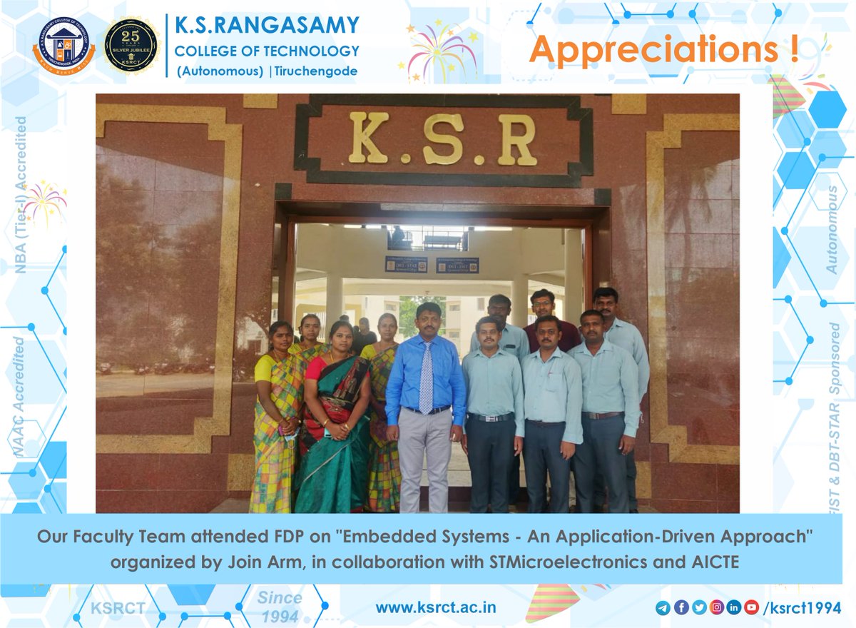 ksrct1994's tweet photo. 10 faculty members from the Department of ECE, EEE and Mechatronics ksrct1994 had attended Faculty Development Program on "#EmbeddedSystems - An Application-Driven Approach" organized by #JoinArm, in collaboration with #STMicroelectronics and #AICTE during August 25-27, 2021. https://t.co/znsNRgdhky