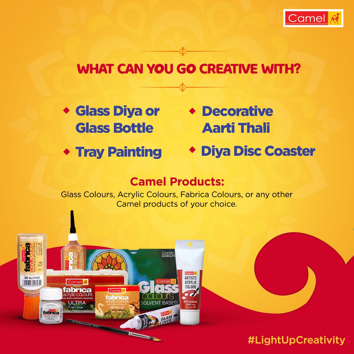 Camlin_Official's tweet photo. Brighten up your Diwali with creativity! Make one of these items in your own creative way, share the photos with us and stand a chance to get featured!

-Click a photo of your creation

-Share it using #LightUpCreativity and tagging Camlin

-Stand a chance to be featured by us https://t.co/ZMYc7aFxXy