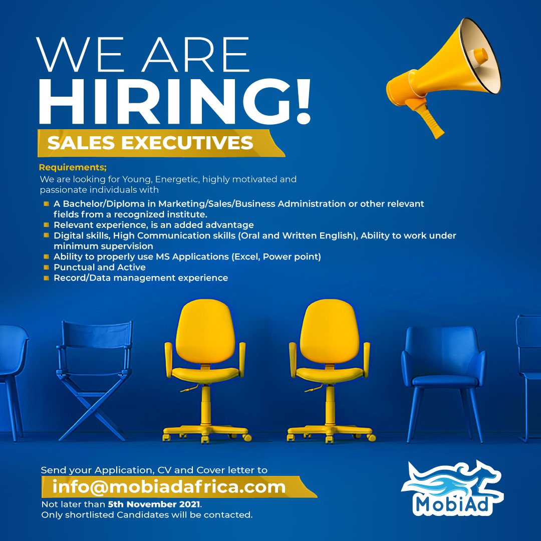Do you have what it takes to be part of our team?

Send your applications to info@mobiadafrica.com

Lets go!
#MobiAd #Sales #Hiring #Recruiting #Kazi #Ajira