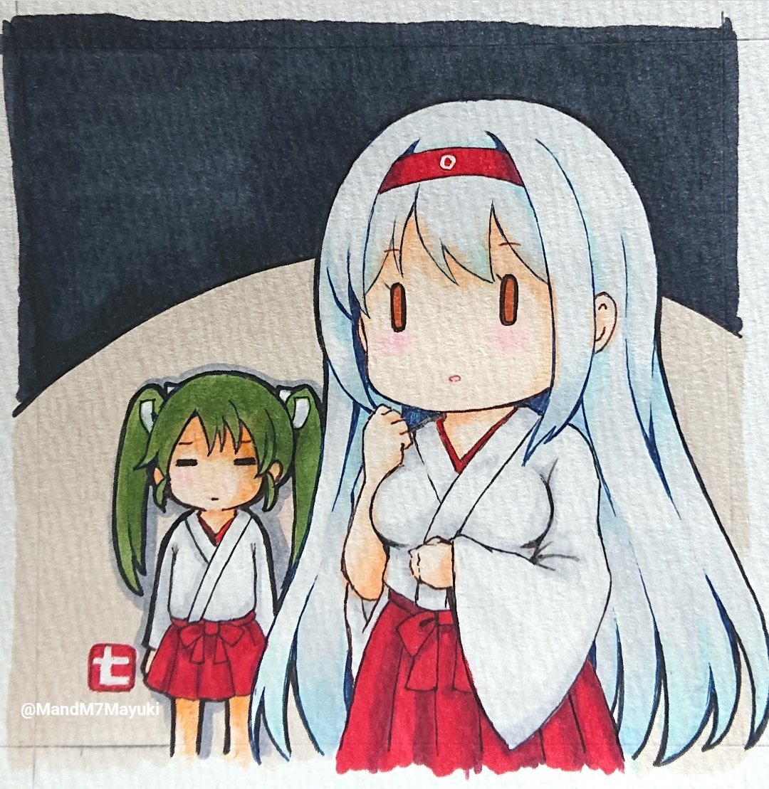 shoukaku (kancolle) ,zuikaku (kancolle) 2girls multiple girls twintails japanese clothes long hair skirt white hair  illustration images