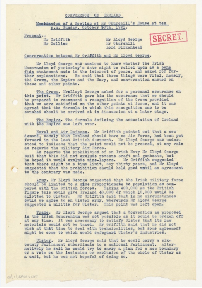NARIreland's tweet photo. #OTD in 1921, Arthur Griffith,  David Lloyd George,  Lord Birkenhead, Michael Collins and Winston Churchill had a meeting at Churchill's house at 10pm. Here's a copy memorandum which highlights topics discussed from trade, the Crown to Ulster. (NAI, PRIV 1093/1/10) #Treaty21 https://t.co/VtzGyYMQYE