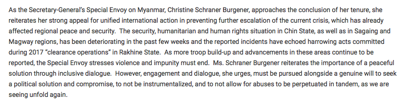 Secretary-General’s Special Envoy on Myanmar <a href="/SchranerBurgen1/">Christine Schraner Burgener</a> reiterates her appeal for unified international action in preventing further escalation of the current crisis as security, humanitarian and human rights situation continues to deteriorate. 
un.org/press/en/2021/…