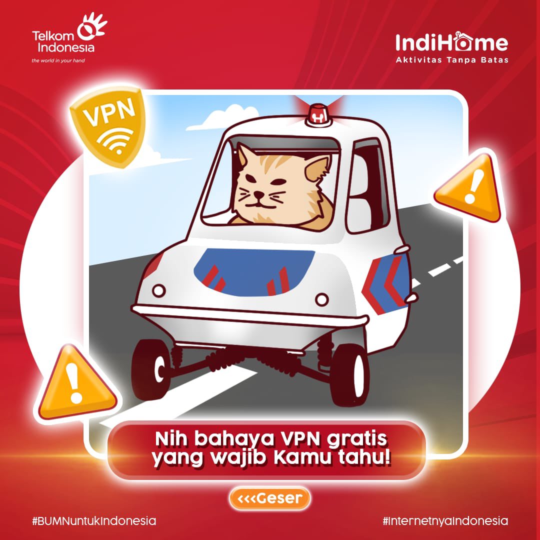 IndiHomeCare's tweet photo. Hayo siapa diantara Kamu yang sering pakai VPN gratis? Hati-hati, ya Sobat. Ada bahaya yang siap mengintai Kamu saat menggunakan VPN gratis. 

Agar kamu terhindar dari bahaya VPN gratis, simak penjelasannya di sini, yuk! 

#AktivitasTanpaBatas
#InternetnyaIndonesia https://t.co/cSN5AjYnGD