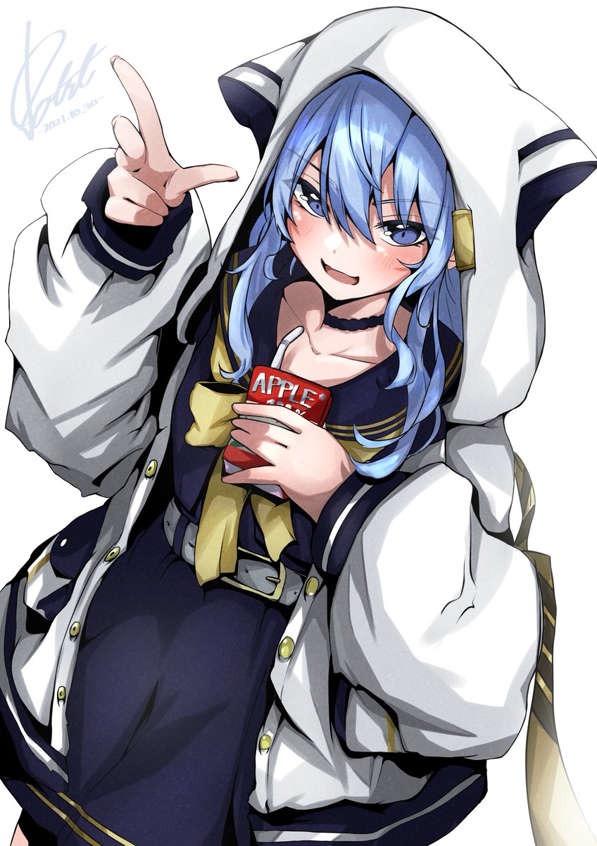 hoshimachi suisei 1girl solo blue hair blue eyes juice box hood hood up  illustration images