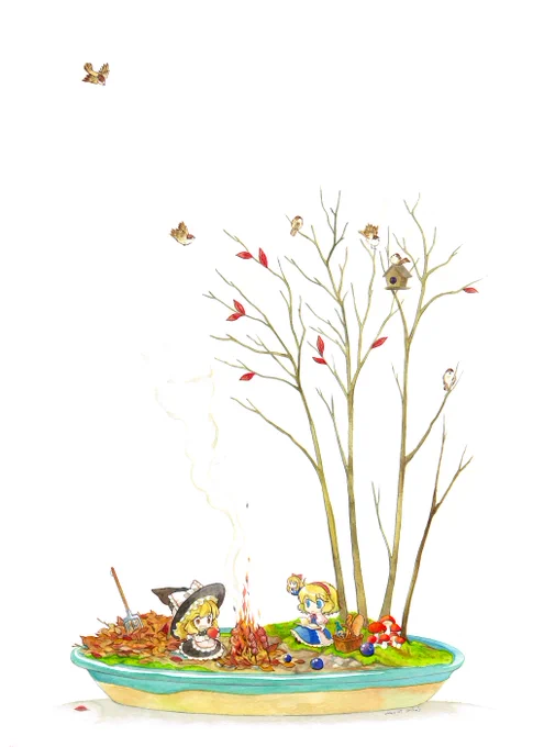 なんかさっきの絵が見てもらえてるみたいなのでこの季節っぽい絵を貼っておきます。主線鉛筆、水彩絵の具着彩です。 