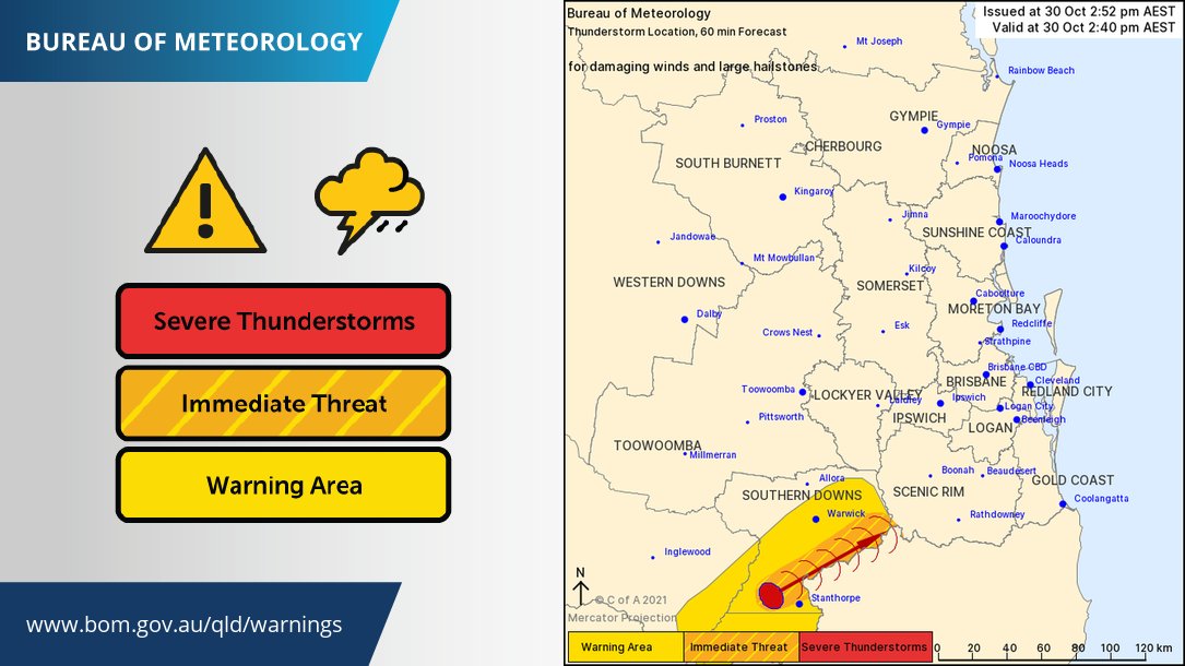 BOM_Qld's tweet photo. Severe thunderstorm warning: large hail and damaging wind gusts likely with the storm moving to the northeast across the #GraniteBelt and #SouthernDowns area. Latest warning details: https://t.co/wyMGs3VlDp https://t.co/iTXjvqkTWa