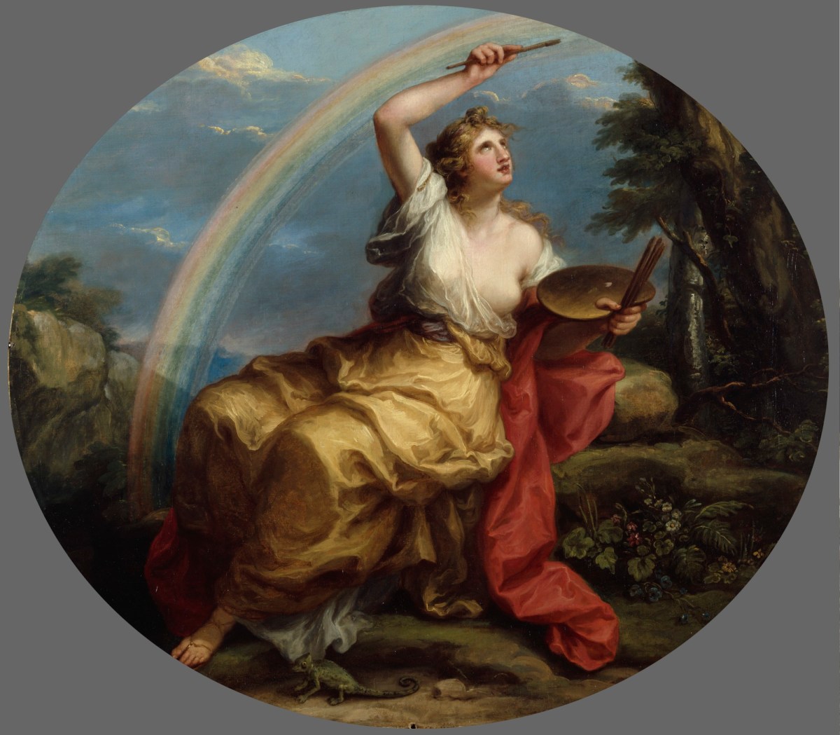 It's #AngelicaKauffmann's birthday. She painted a series called The Elements of Art, including Invention, Design, Composition, and, below, Color. The artist simply harvests what she needs from a convenient rainbow! Born #OTD in 1741.
