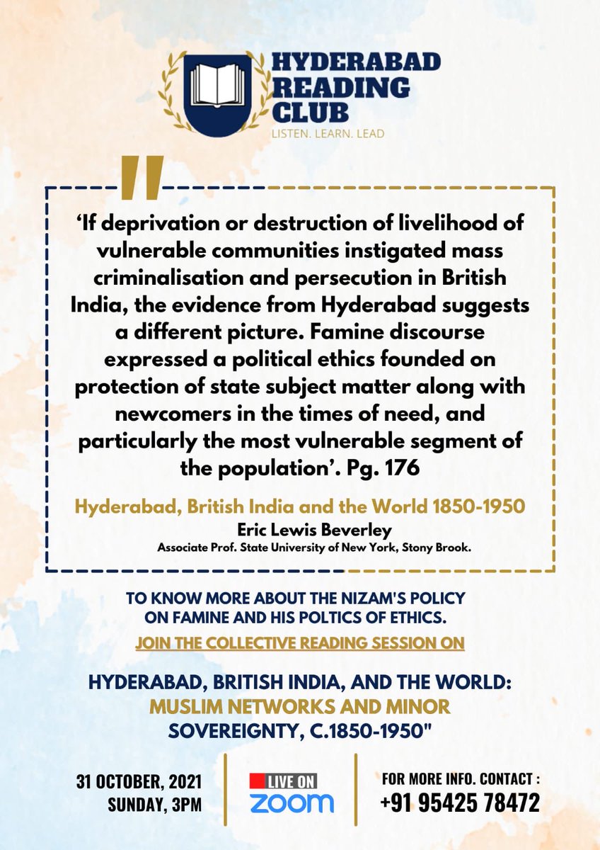 Adv_SyedGhias's tweet photo. Join us on Sunday, 31 October, for our collective reading session on 'Hyderabad, British India and the World: Muslim Networks and Minor Sovereignty, 1850-1950', authored by Eric Lewis Beverly.
#nizam #britishindia #hrc #hydrc #Reading  ⁦@AudreyTruschke⁩ ⁦@iamrana⁩ https://t.co/YqZw5cxbmi