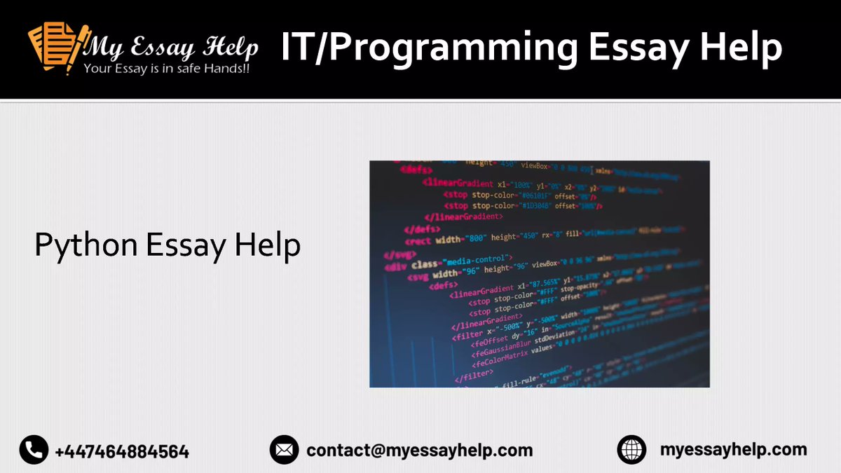 MyEssayHelp2's tweet image. My Essay help provides Python Essay Help at affordable price. MY Essay Help is the one-stop destination for the required help for writing any type of essays online.

#essayhelp
#essaywriter
#myessayhelp