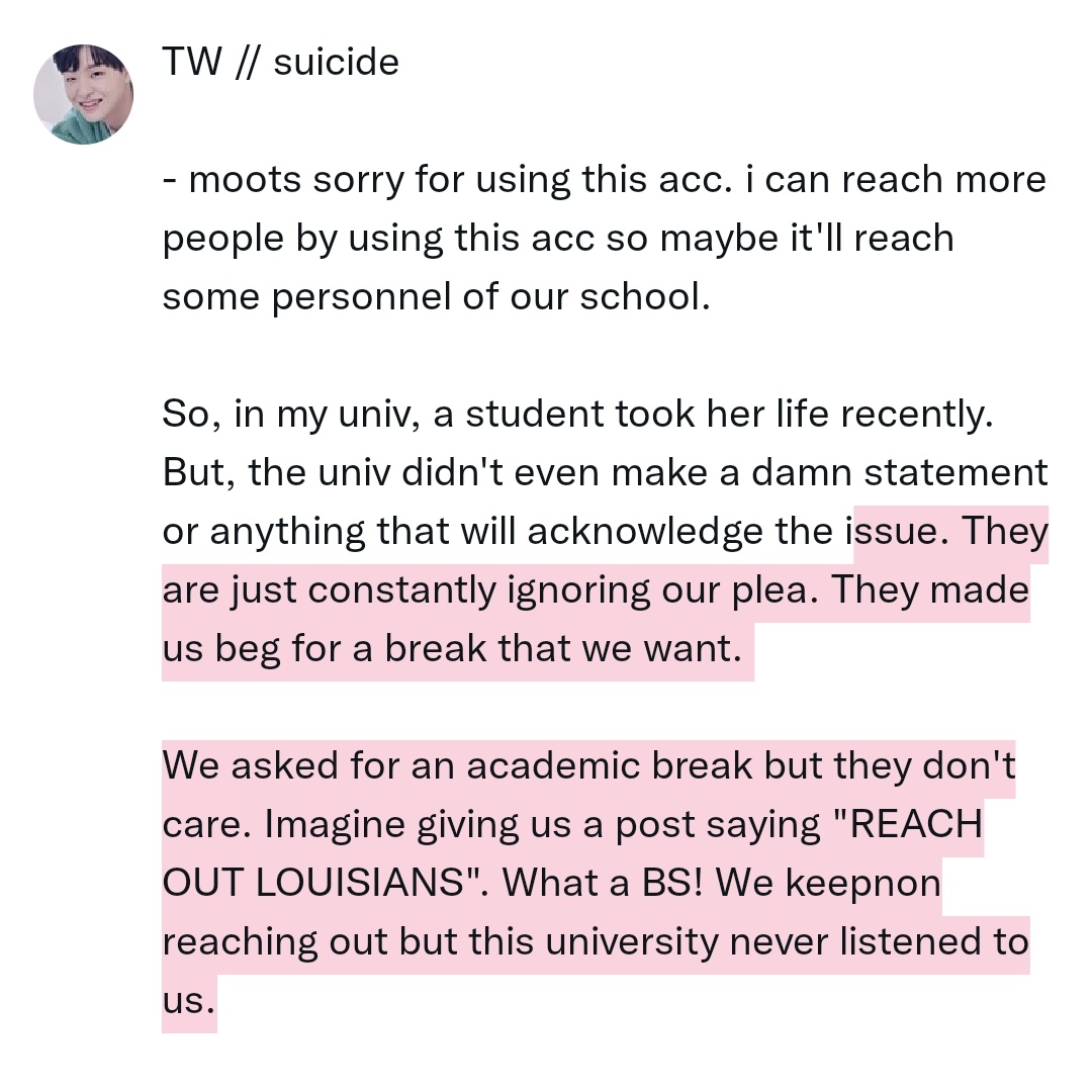 mybaehoon's tweet photo. TW // suicide

-- sorry moots for using this acc for my irl things.

I just want to let people see how inconsiderate and non-student friendly our university is. One death is too many. Listen now and don't let this happen again. Be compassionate enough.

#AcademicBreakNOWSLU https://t.co/rR7zMOK6lt