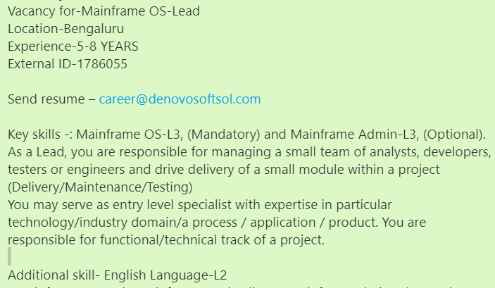 denovosoftsol's tweet photo. #denovojobs 
Vacancy for-Mainframe OS-Lead
Location-Bengaluru
Experience-5-8 YEARS
External ID-1786055

Send resume – career@denovosoftsol.com
#MainframeOSLead #mainframe #unix #linux #mainframeadmin #dataanalyst #developer #testengineer #operatingsystem #MainframeEngineering https://t.co/DbXVgvqOc8