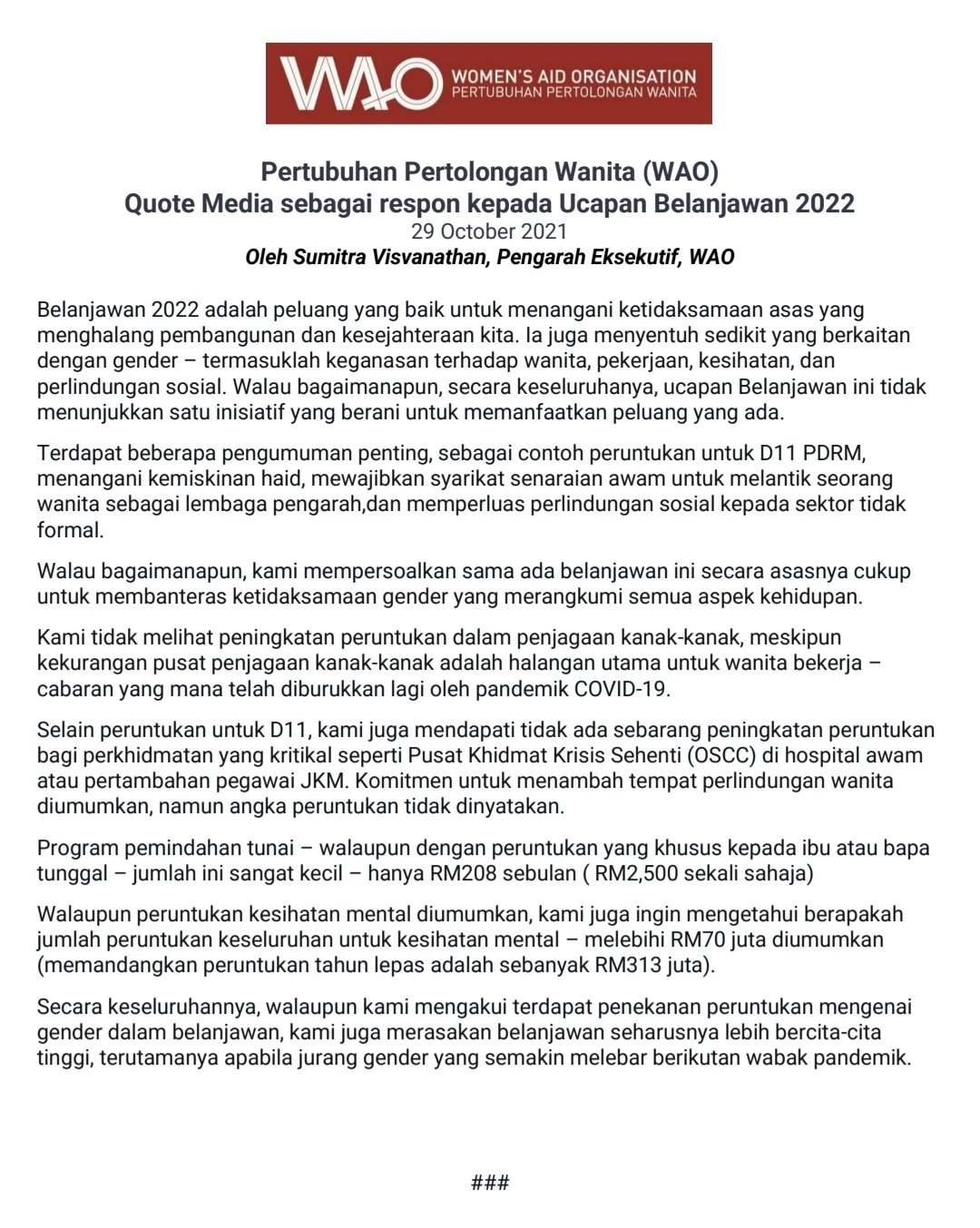 Women S Aid Org On Twitter Our Reaction To Budget2022 The Budget Touched On Many Areas On Gender Had Some Notable Programmes But Ultimately It Was A Missed Opportunity Belanjawan2022 Https T Co Wbozvn06a0