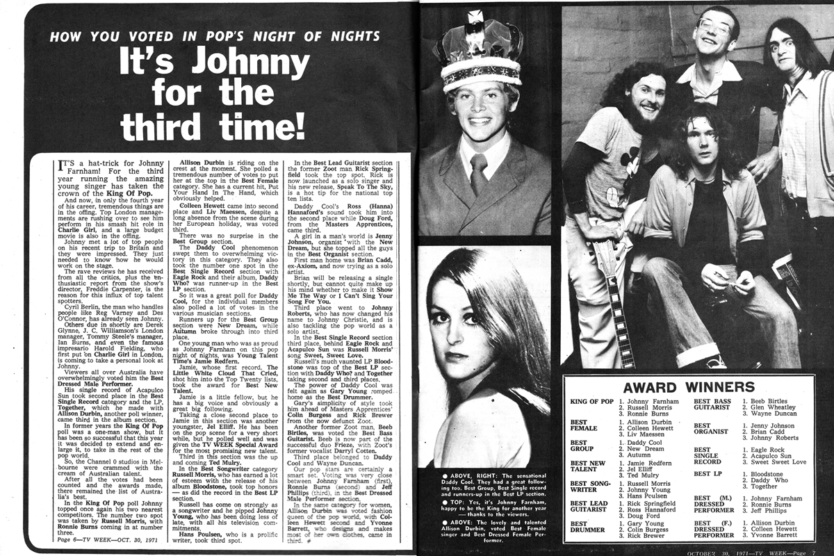 TelevisionAU's tweet photo. Today, 1971: The King Of Pop, Johnny Farnham, on the cover of @TVWEEKmag
- #MelbourneCup fashions with ATV-0's Meredith Hill
- This week's episode (Melbourne) of #MatlockPolice, guest starring Benita Collings from #PlaySchool https://t.co/yr6ee7Btef