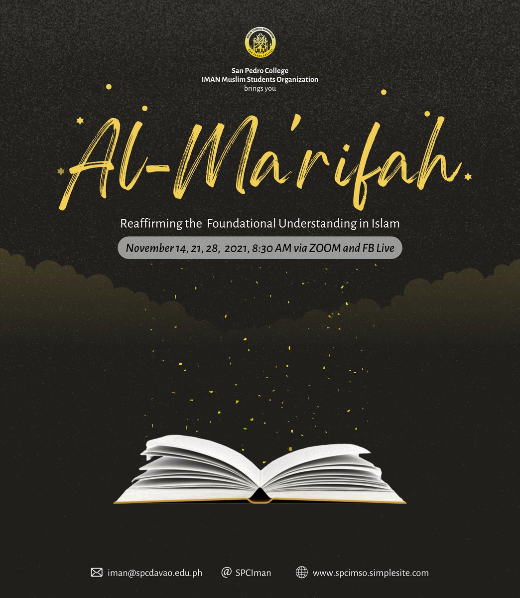 SPCIman's tweet photo. Bismillahir Rahmanir Raheem.

IMSO proudly presents, “Al-Ma’rifah: Reaffirming the Foundational Understanding in Islam”—a three-sunday series of workshop session which will talk about Seerah, Fiqh and Tawheed.

#Al-Ma'rifah
#PathToRighteousness
#IMSO2122
#FidDunyaWalAkhirah🤲🏼 https://t.co/V6uJJ1FCo1