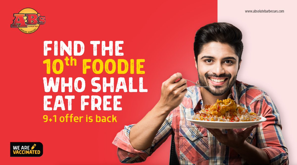absolutebbq's tweet photo. The tenth foodie in your gang gets no bill? Say whaatttt? Yes, AB’s 9+1 offer is back! Visit us in a group of ten to feast on our grand BBQ buffet and now pay only for the nine of you. Book your tables now.
#absolutebarbecues #buffetblast #offer #buffet #buffetoffer #BBQ https://t.co/cuF7c9Fht0